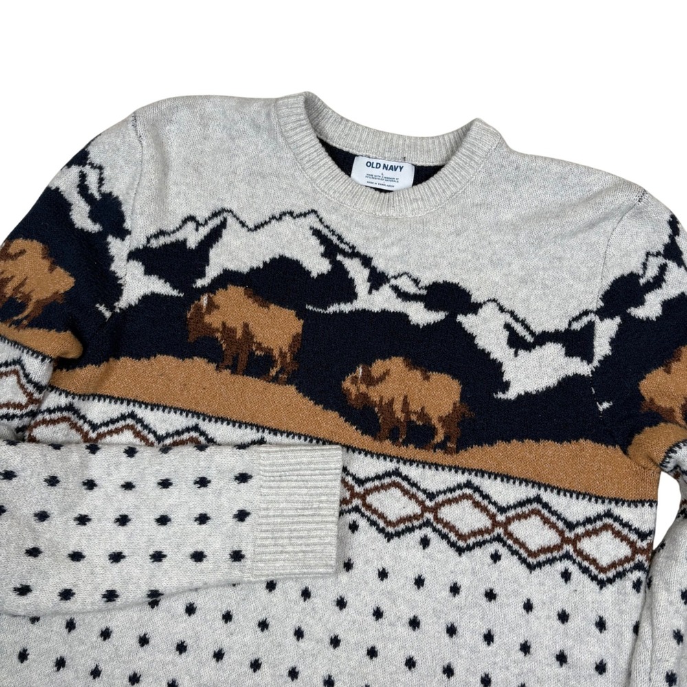 Old Navy Mens Sweater Buffalo Mountains L Long Sleeve Crew Neck All Over Graphic